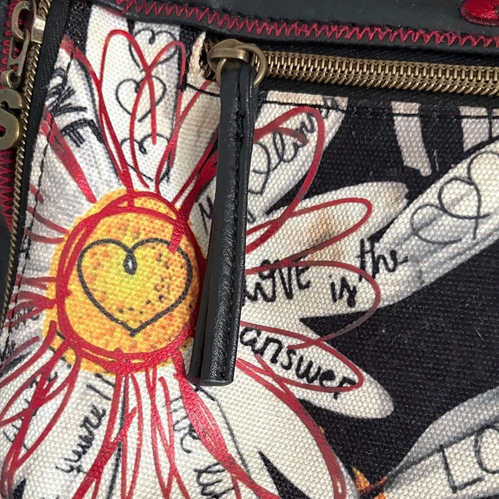 Desigual Black Satchel Red & White Floral Detail Top Handle w. Crossbody Strap